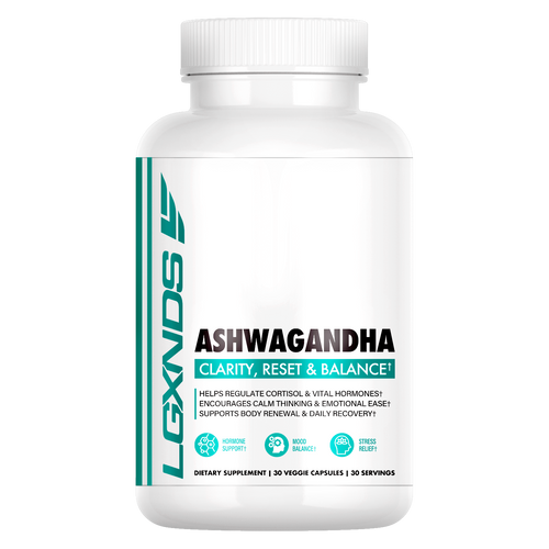 Ashwagandha supplement bottle with hormone support, mood balance, and stress relief benefits