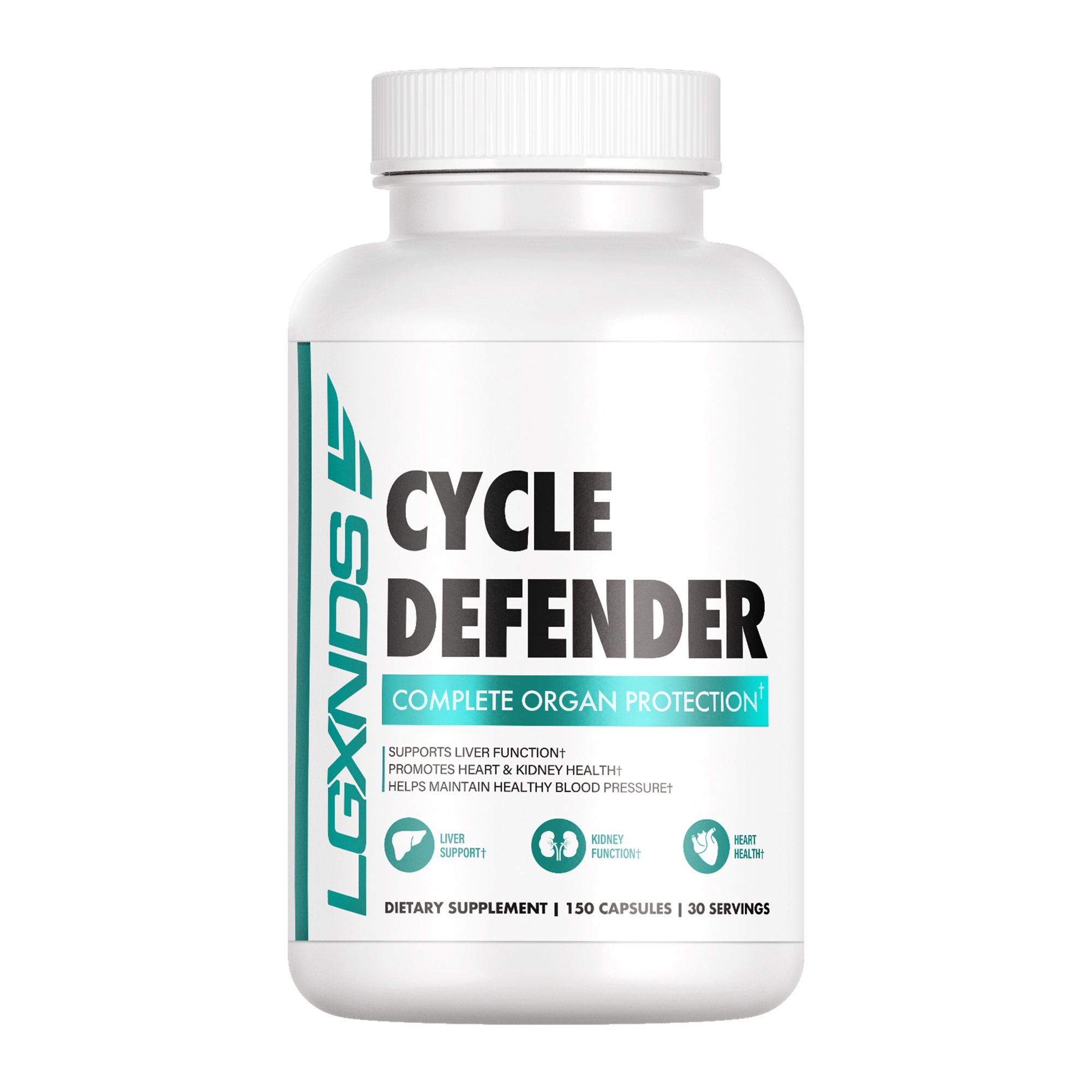Cycle Defender supplement bottle for organ protection, promotes liver, kidney, and heart health