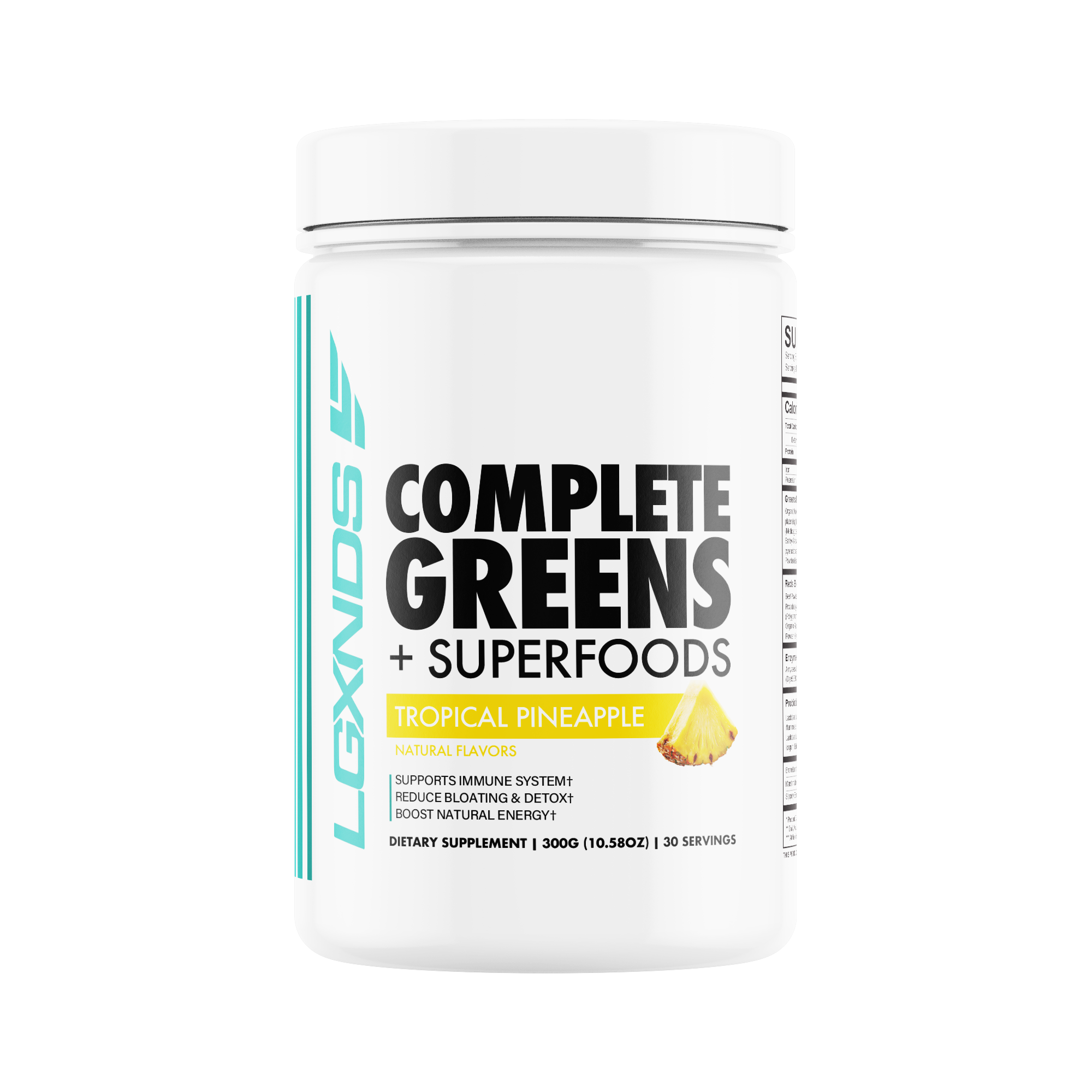 Complete Greens plus Superfoods tropical pineapple supplement powder jar, white background