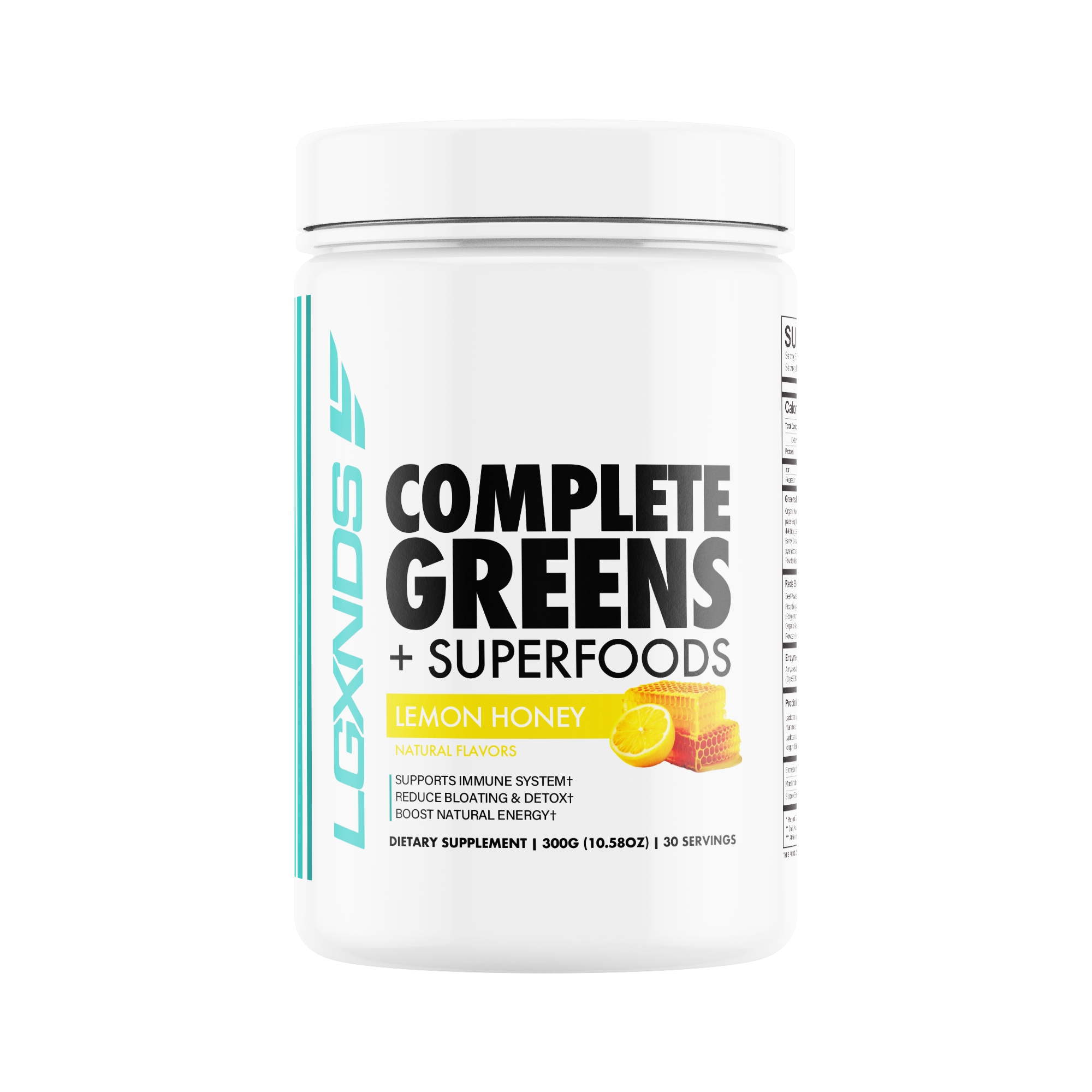 Complete Greens and Superfoods lemon honey supplement powder container, 300g, white jar