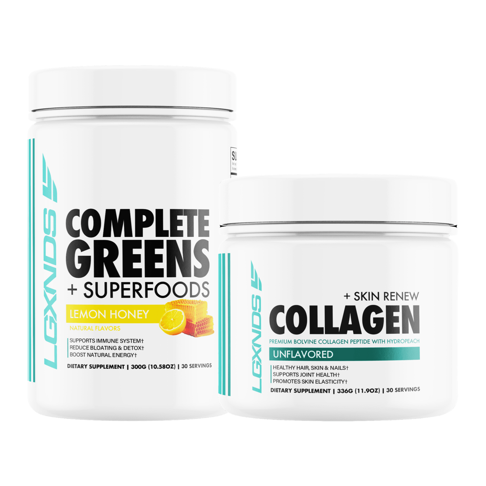 Supplements containers for Complete Greens Lemon Honey and Collagen Skin Renew