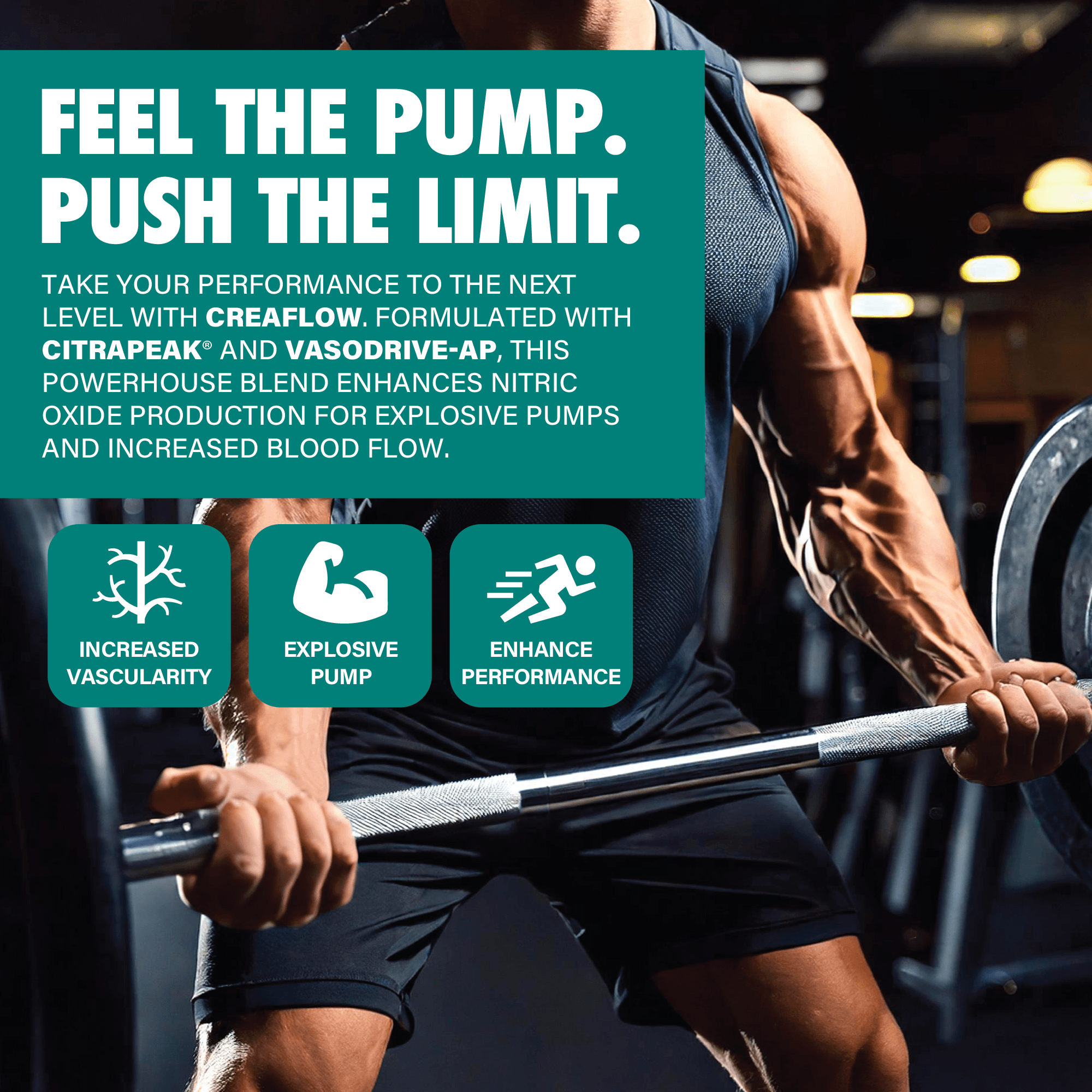 Muscular athlete lifting barbell in gym with supplement benefits text overlay for strength and performance