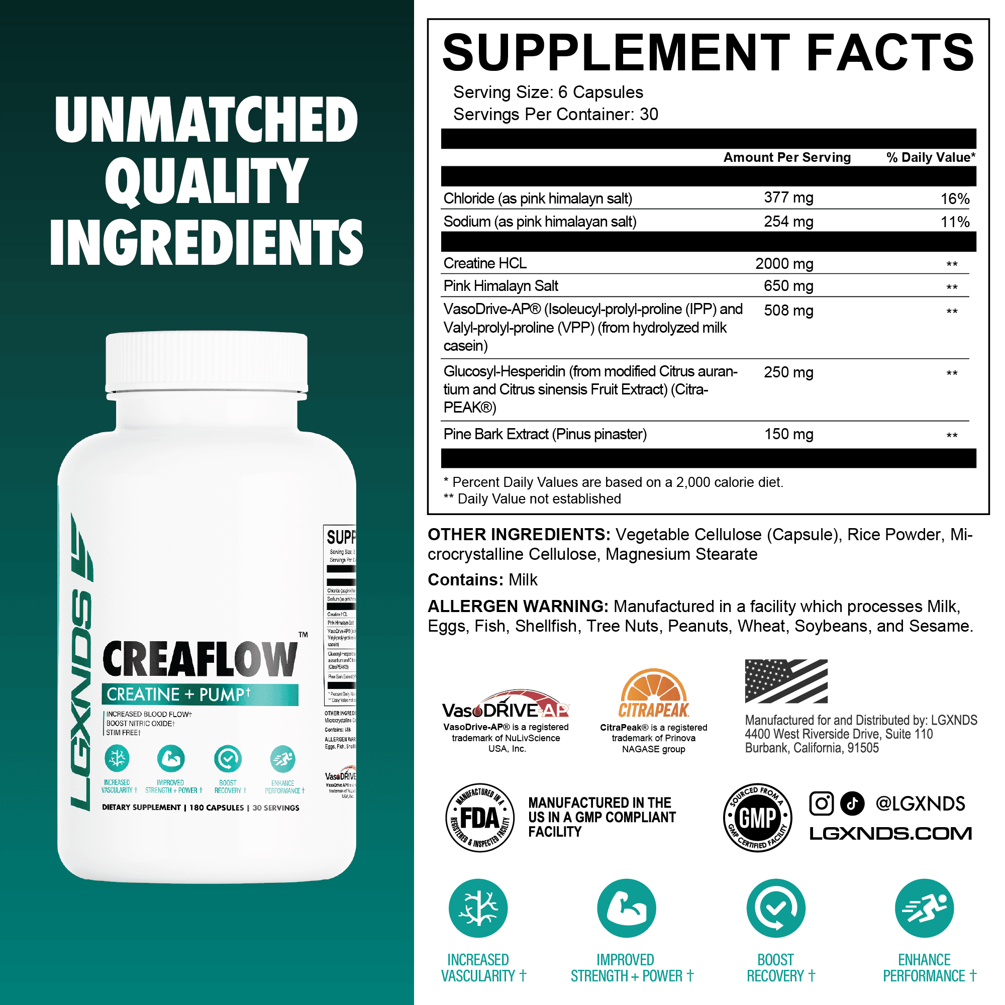CREAFLOW creatine supplement bottle with supplement facts, highlighting quality ingredients and benefits for muscle strength, vascularity, and recovery.
