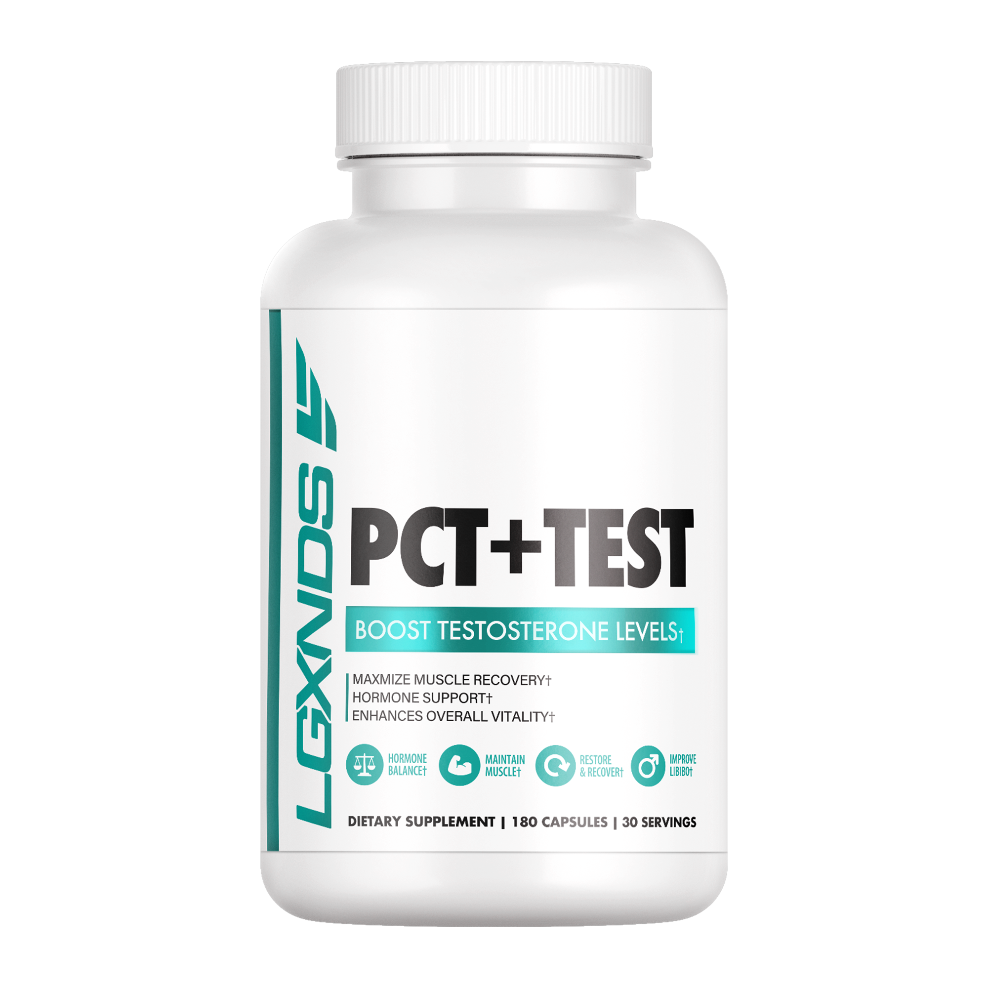 PCT+TEST dietary supplement bottle for muscle recovery, hormone support, and vitality.