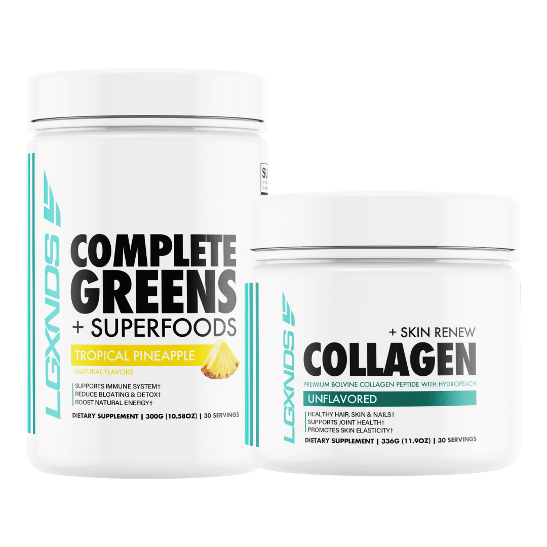 Complete Greens superfoods tropical pineapple and skin renew collagen supplement tubs