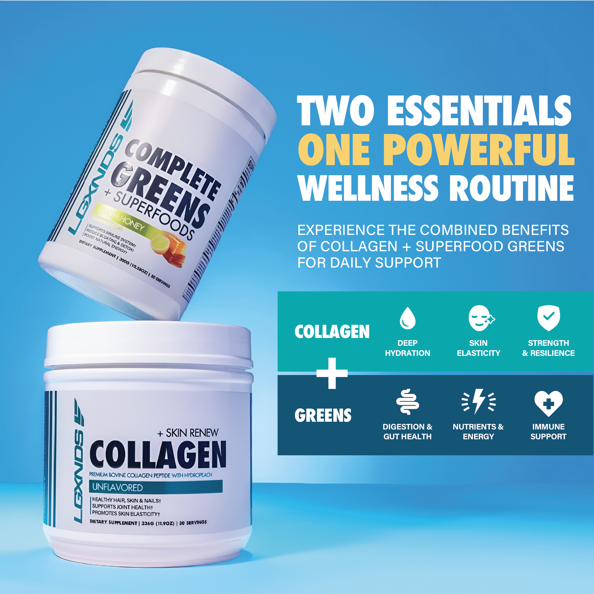 Complete Greens Superfoods and Collagen supplements shown with wellness benefits listed.