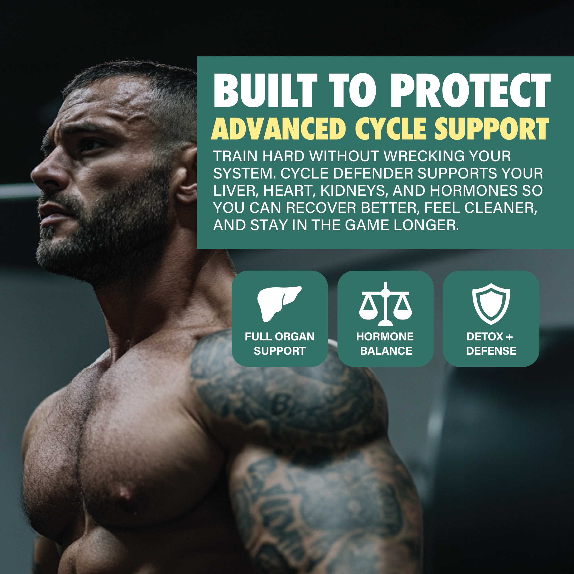 Muscular man in gym with advanced cycle support supplement benefits, organ support, hormone balance, and detox icons.