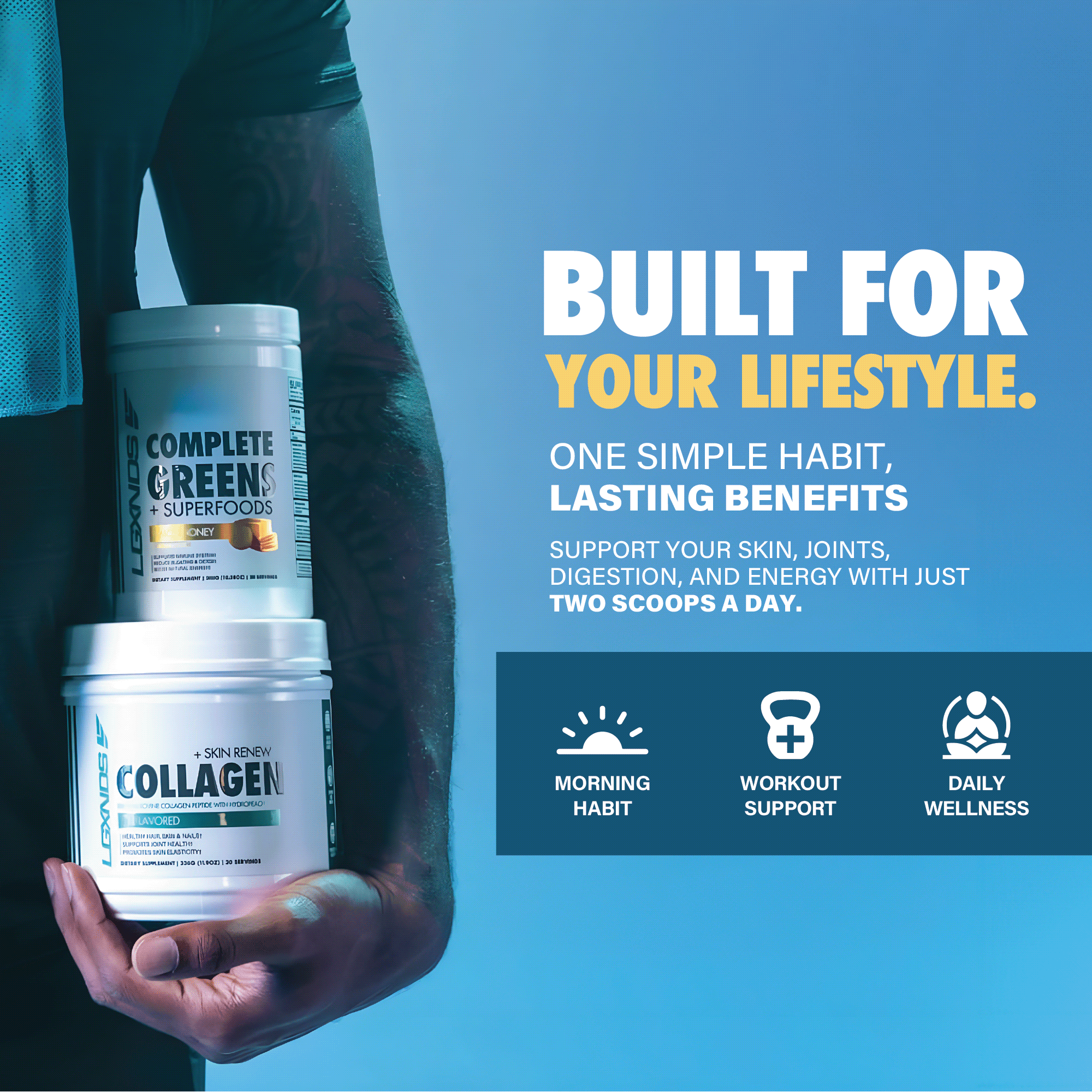 Person holding LGXNDS Complete Greens and Collagen supplements, fitness and wellness theme
