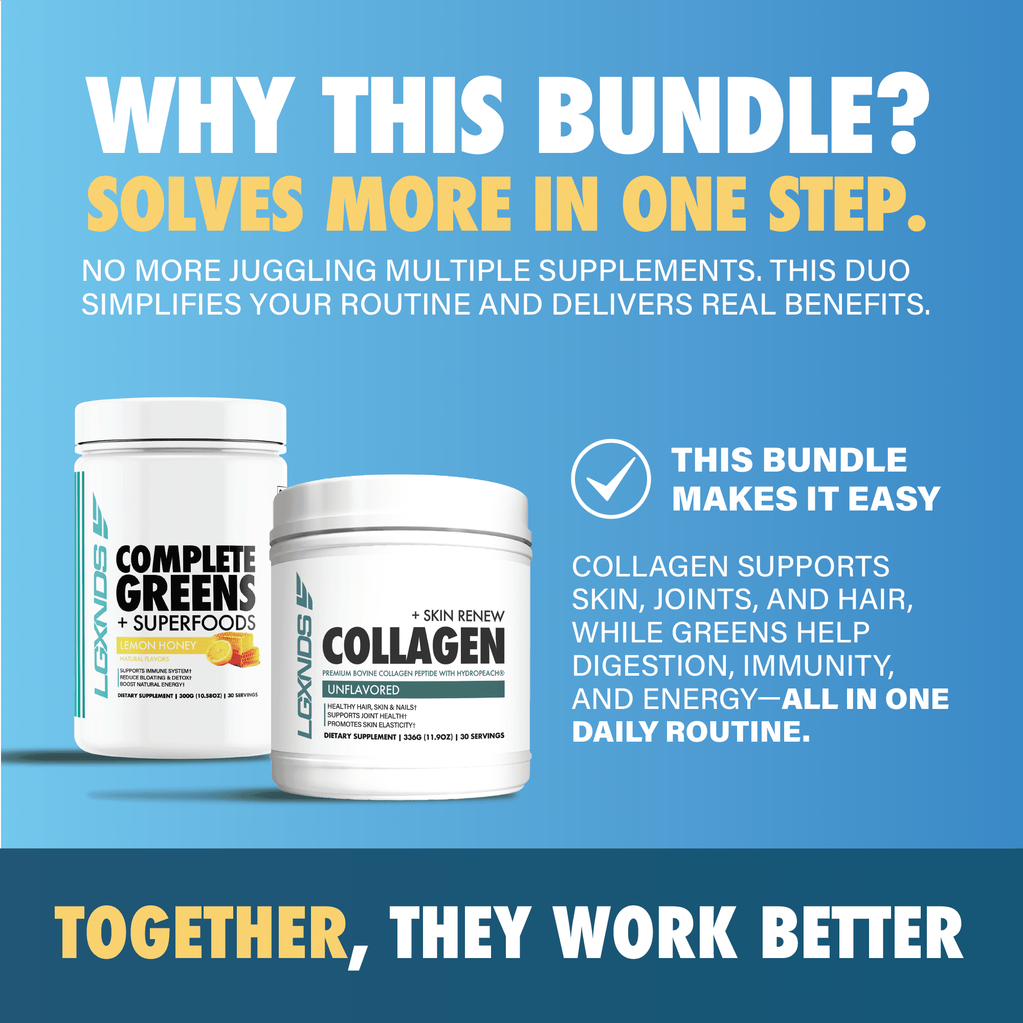 Bundle of Complete Greens superfoods powder and Skin Renew Collagen supplement with benefits for digestion, immunity, and joint support shown on a blue background.