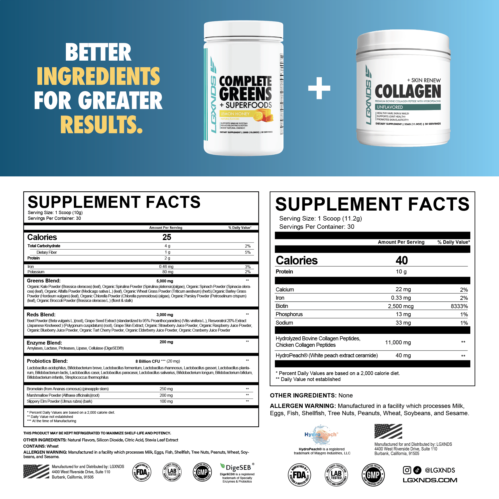 Complete Greens and Collagen supplements with supplement facts, highlighting premium ingredients for performance, strength, and recovery.