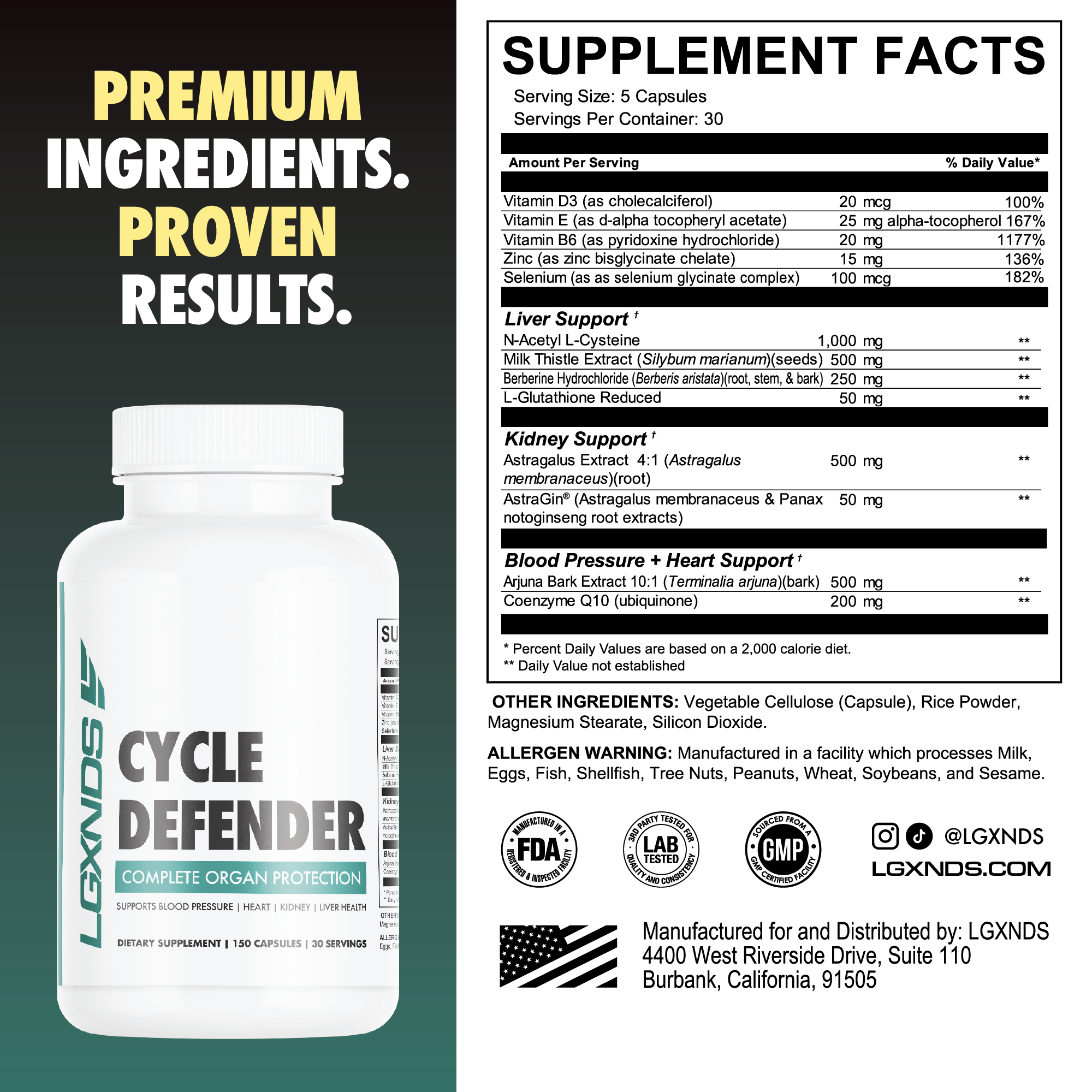 Cycle Defender supplement bottle with supplement facts and claims for organ protection, strength, and endurance.