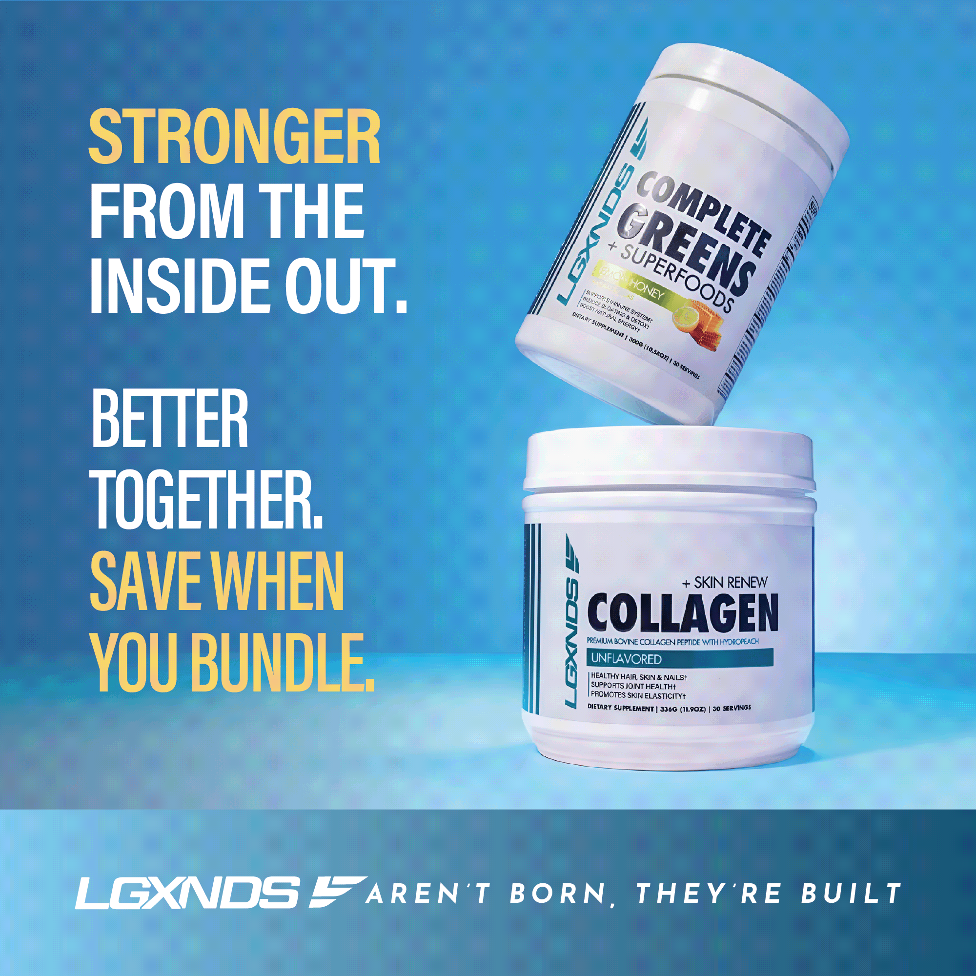 Complete Greens superfoods and Collagen supplements with promotional bundle offer text on blue background.