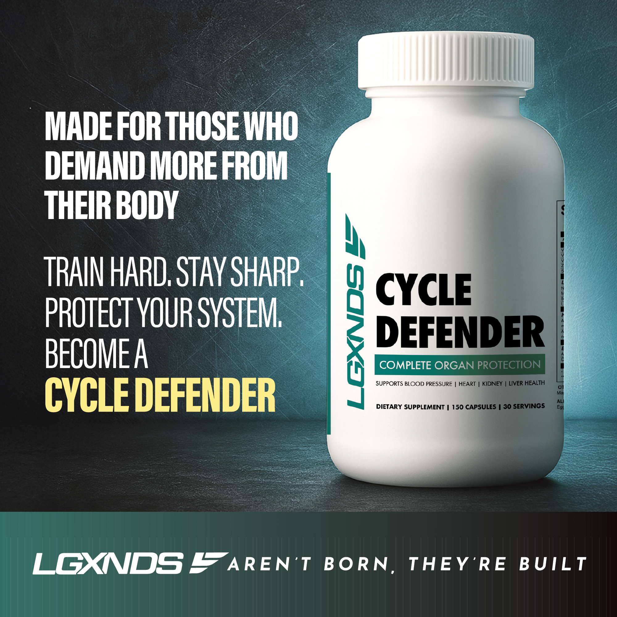 Cycle Defender supplement bottle for organ protection with bold fitness motivation text