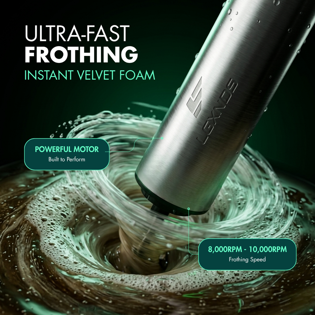 Ultra-fast frothing device creating velvet foam with powerful motor and 8,000-10,000 RPM speed