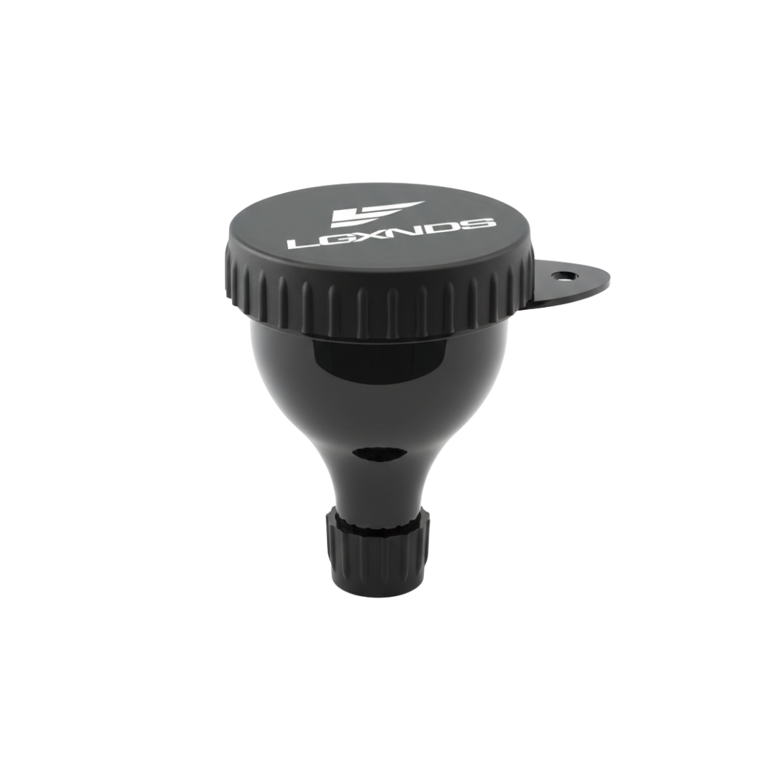 Black LGXNDS supplement bottle cap with textured grip and logo