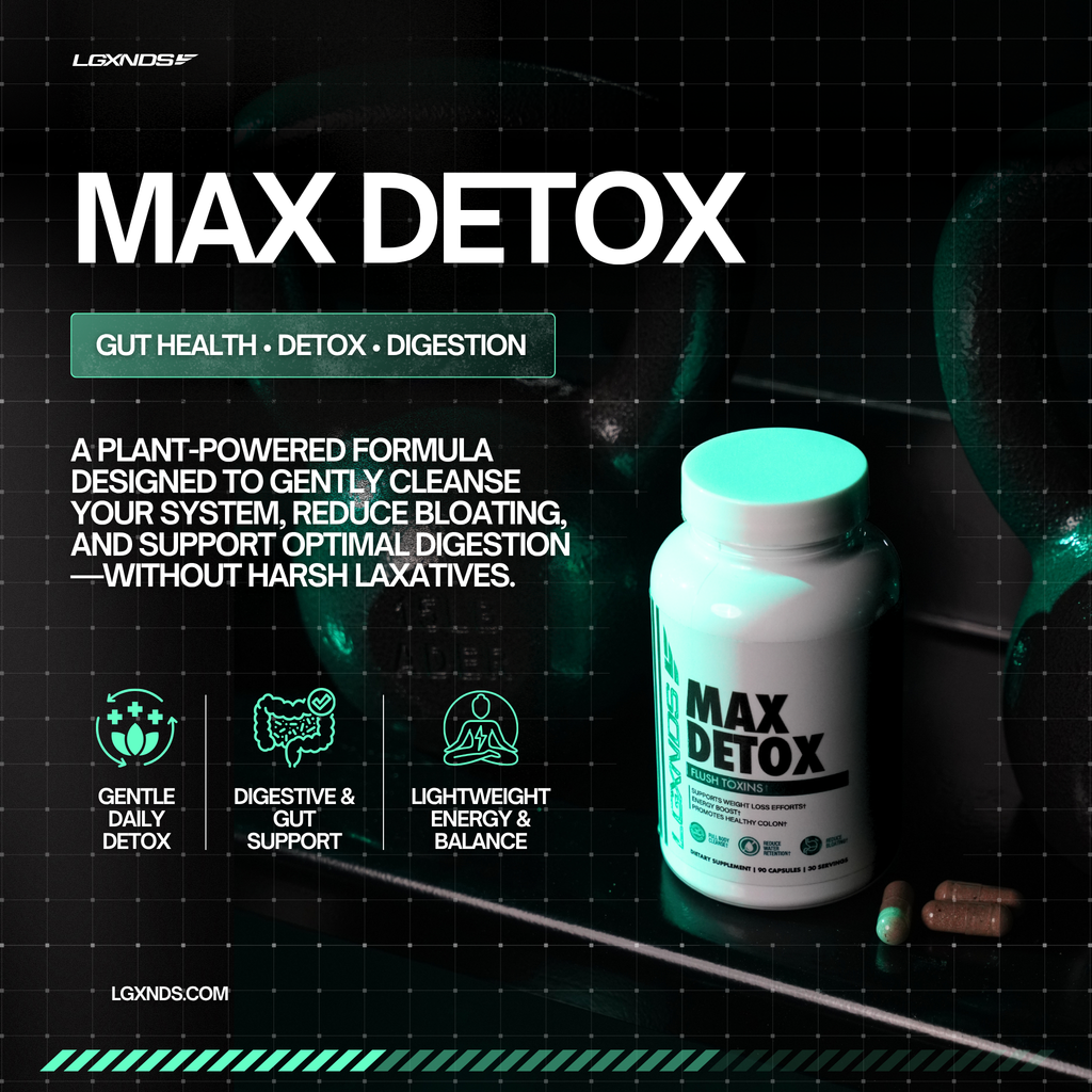 Max Detox supplement bottle for gut health, detox, and digestion support with plant-powered formula