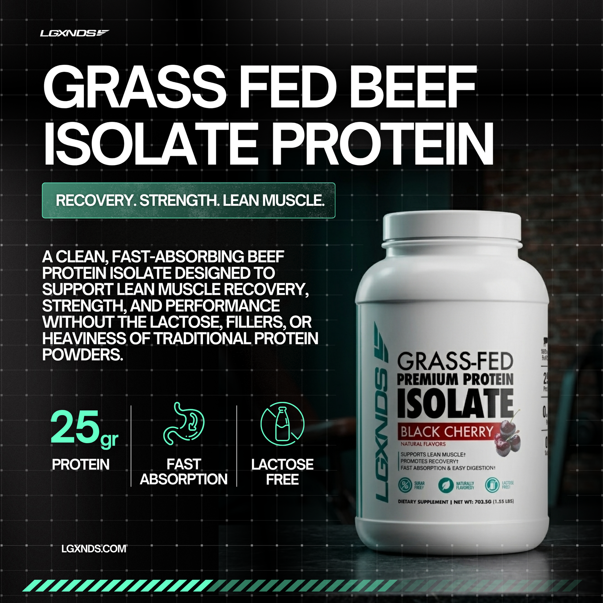 Grass-fed beef isolate protein powder for muscle recovery and strength, lactose-free, black cherry flavor