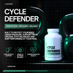 Cycle Defender supplement bottle for organ protection, recovery, and balance with liver, kidney, and heart health benefits