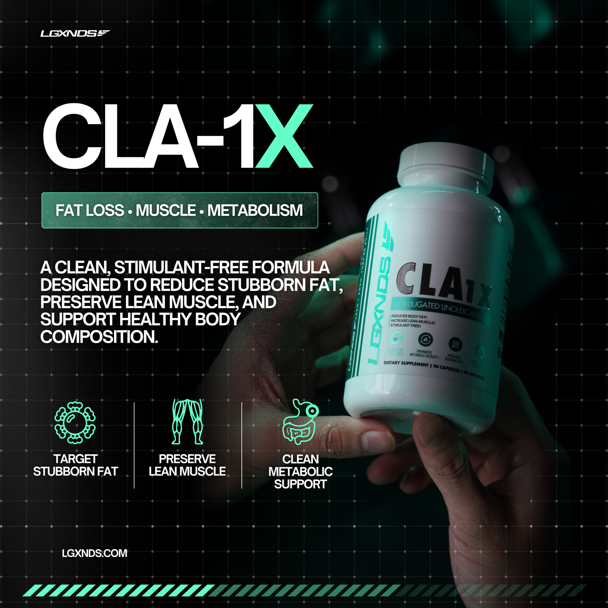 CLA-1X supplement bottle for fat loss, muscle preservation, and metabolism support
