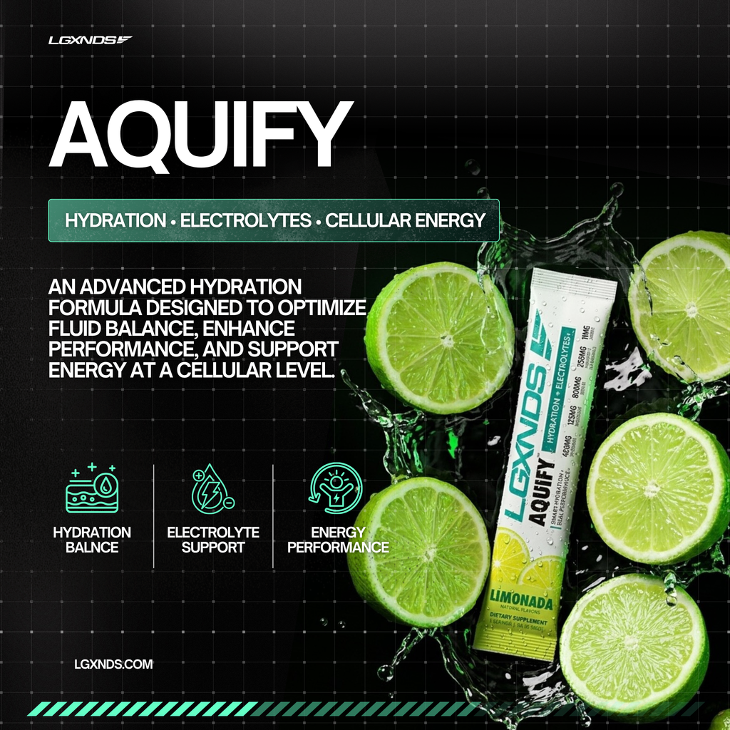 Aquify hydration electrolyte supplement with lime slices, designed for cellular energy and performance support