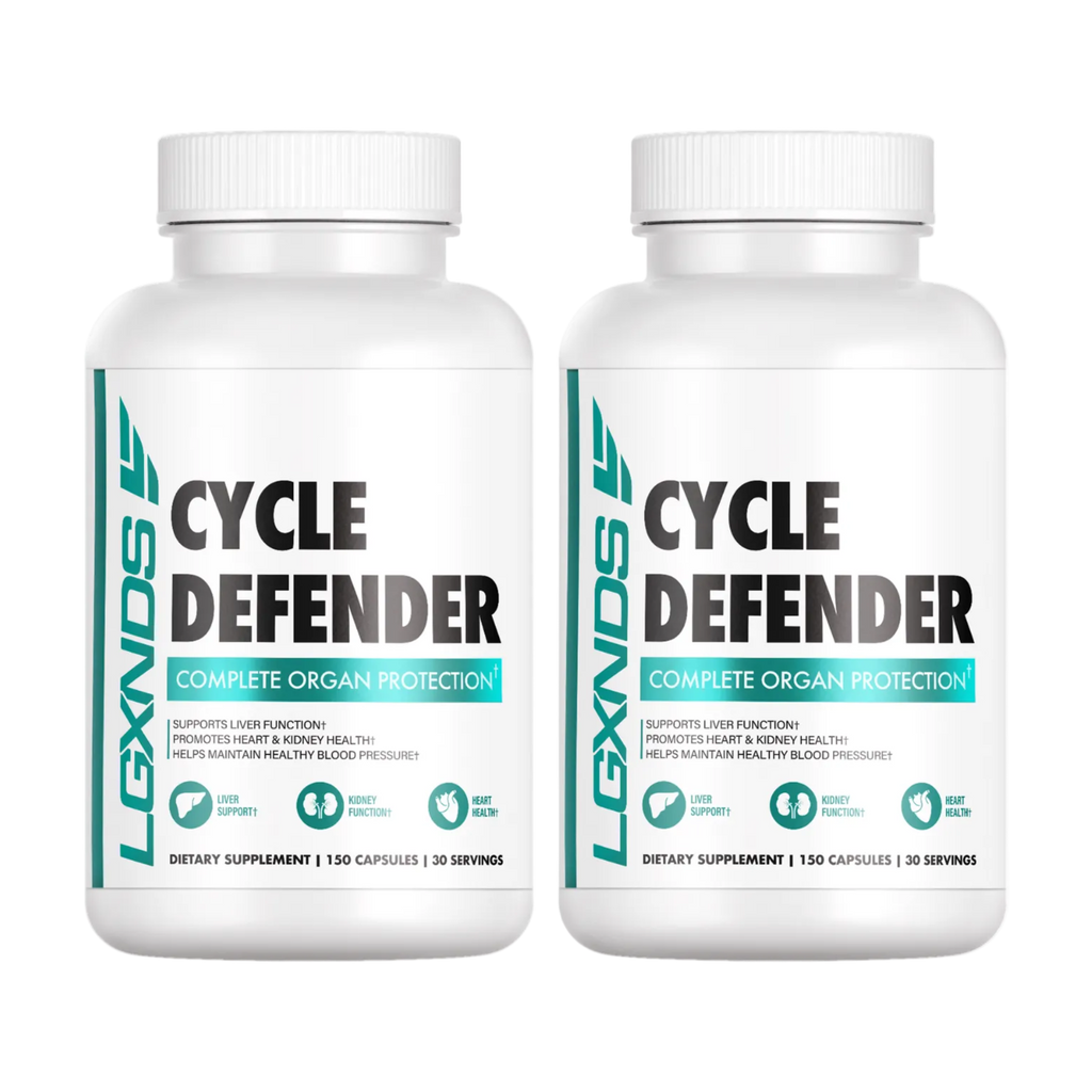 Cycle Defender supplement bottles for organ protection, liver, kidney, and heart health support