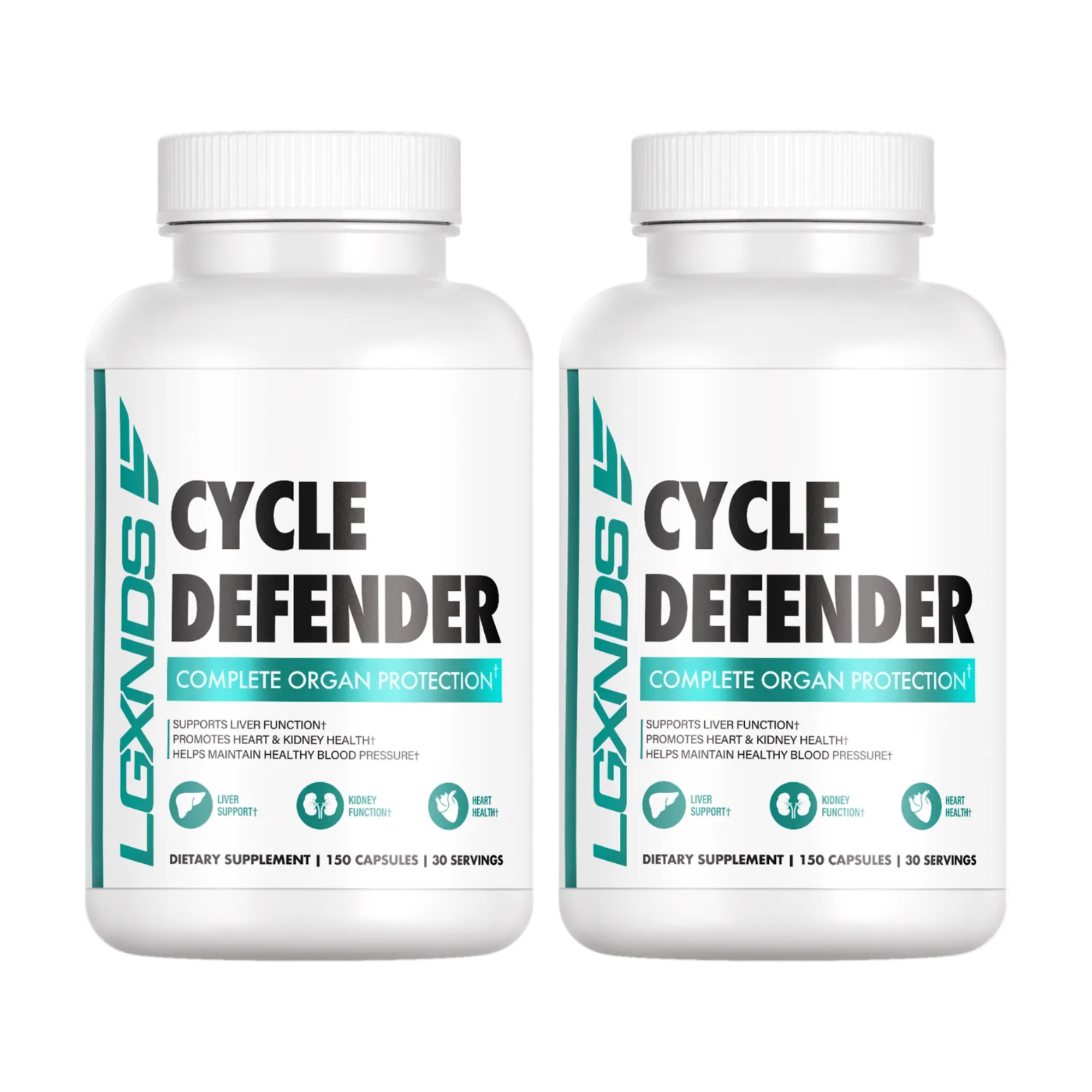 Cycle Defender supplement bottles for organ protection, liver, kidney, and heart health support