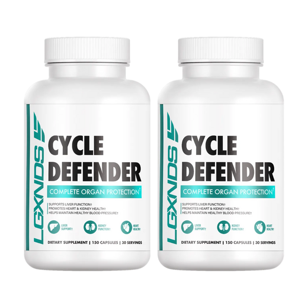 Two bottles of Cycle Defender supplements on a white background