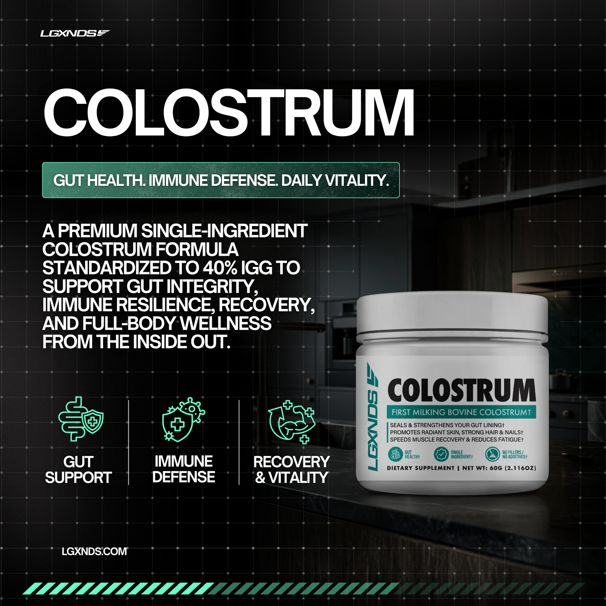 Premium Colostrum supplement for gut health, immune defense, and recovery with 40% IGG