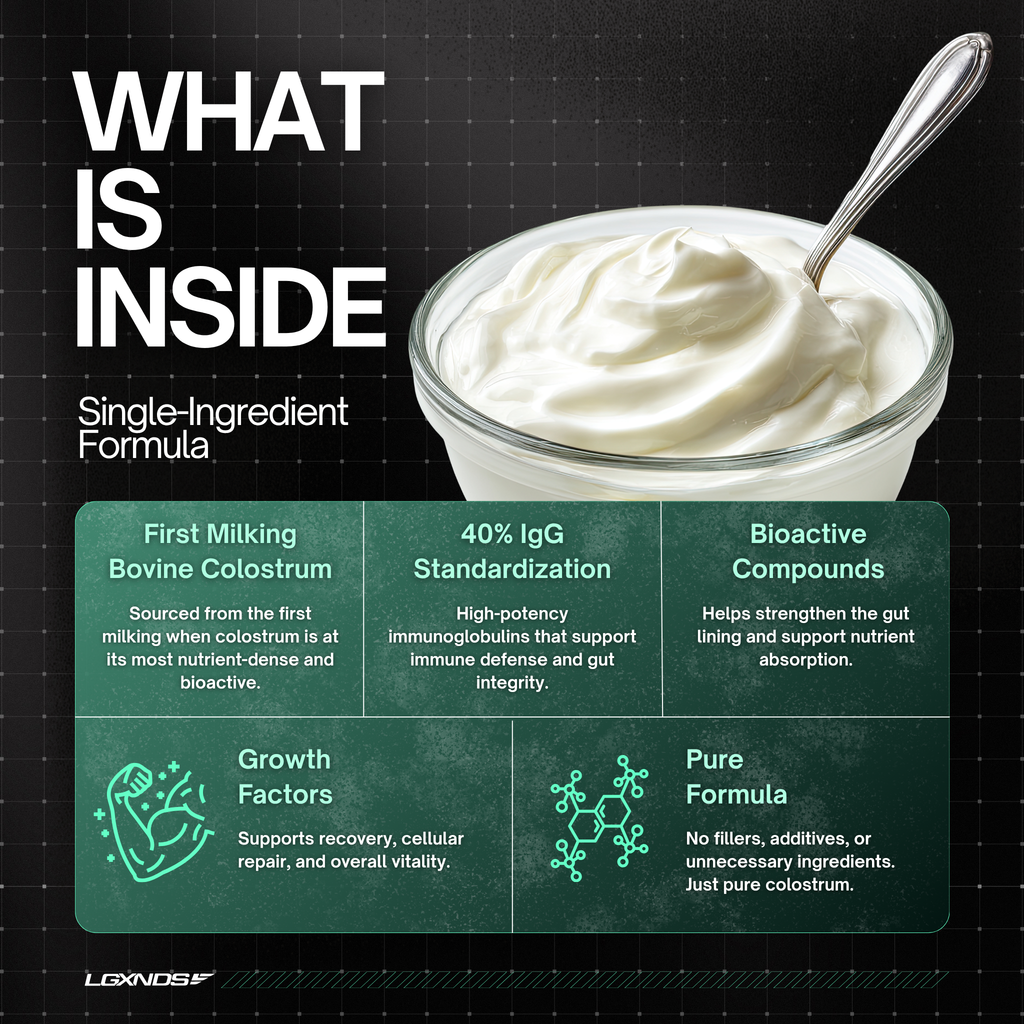 Creamy colostrum supplement in a bowl with spoon, highlighting immune support and gut health benefits.