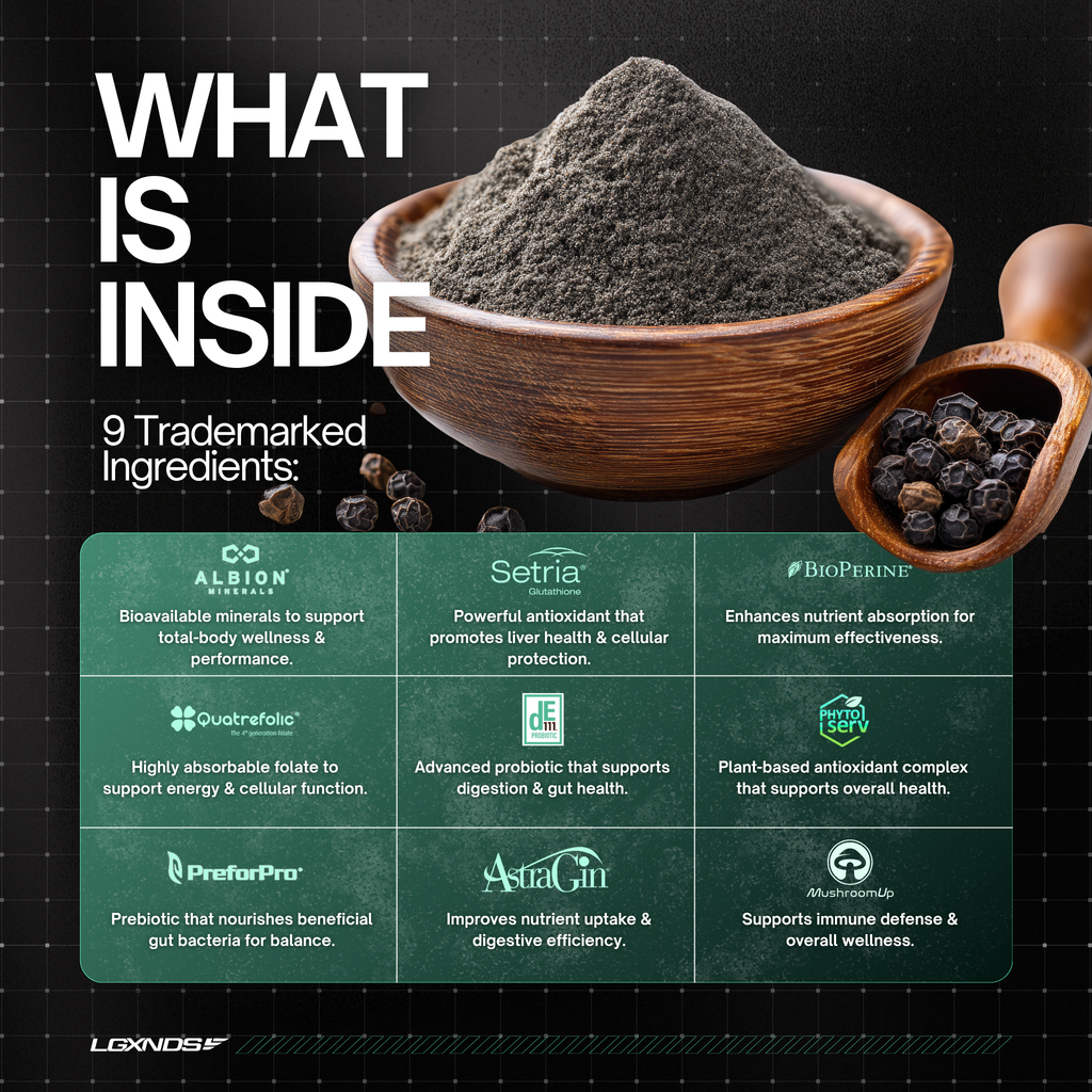 Premium supplement powder with 9 trademarked ingredients for performance and wellness