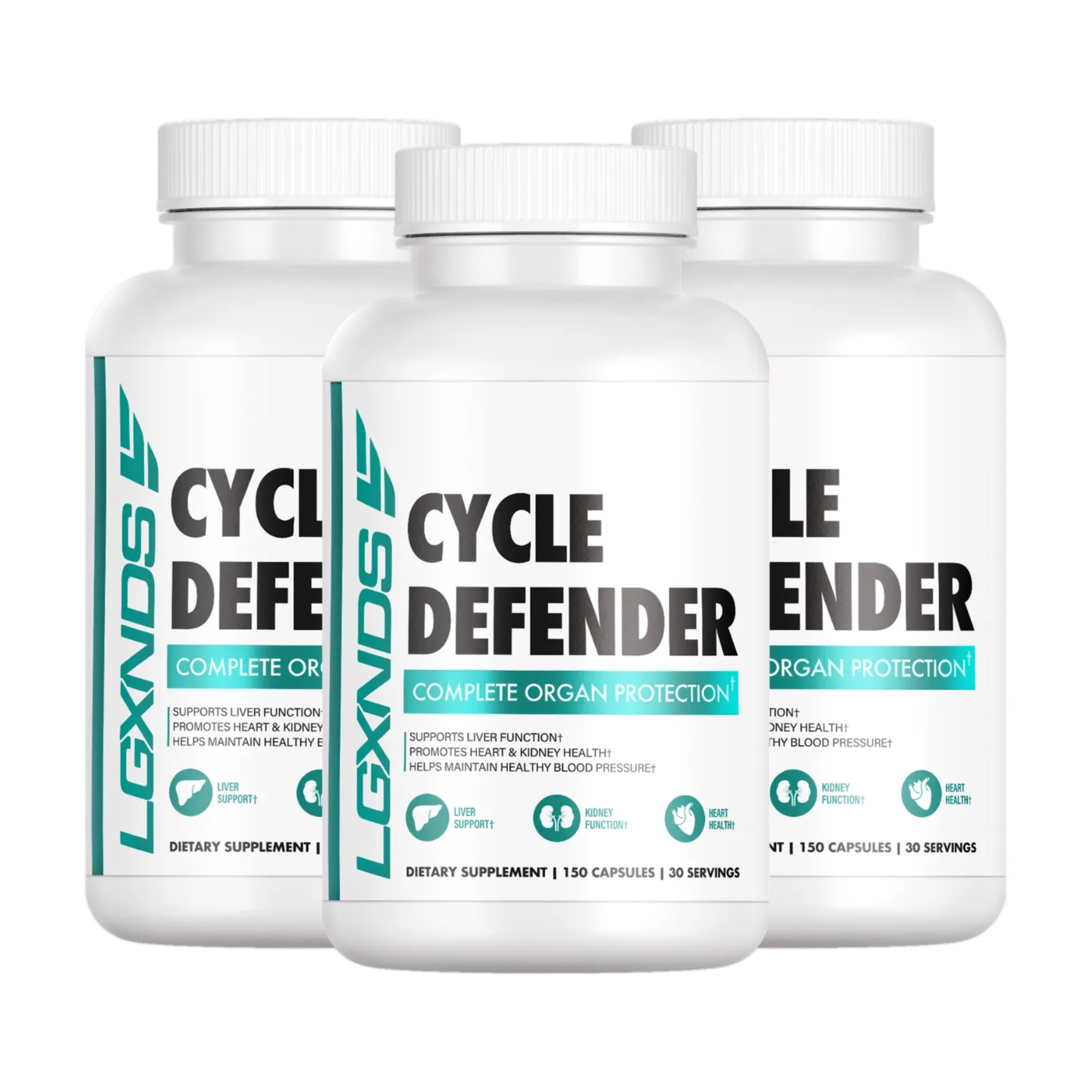 Cycle Defender supplement bottles for organ protection, liver, kidney, and heart health support
