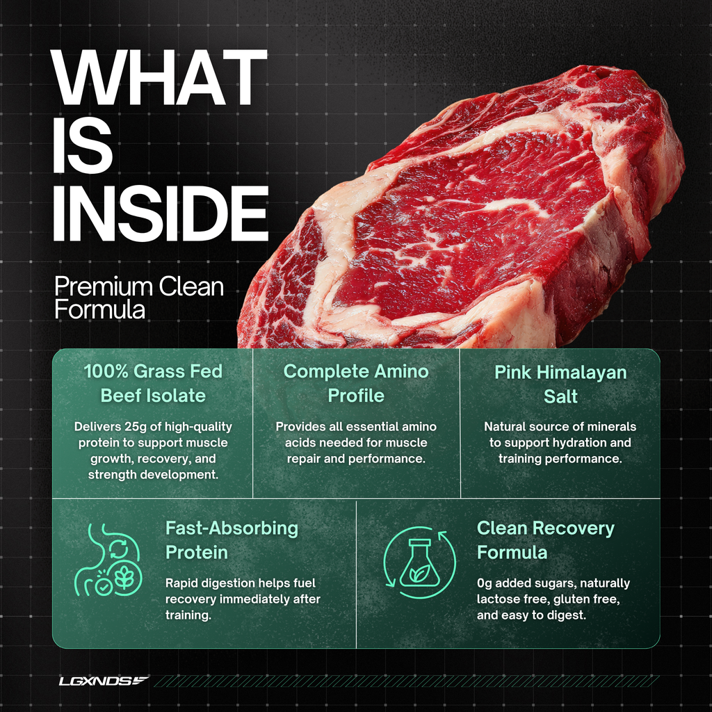 Premium clean formula with 100% grass-fed beef isolate, amino profile, and pink Himalayan salt for muscle recovery.