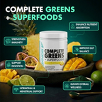 Complete Greens + Superfoods supplement with tropical pineapple flavor, surrounded by fresh fruits for immune, gut, and hormonal support