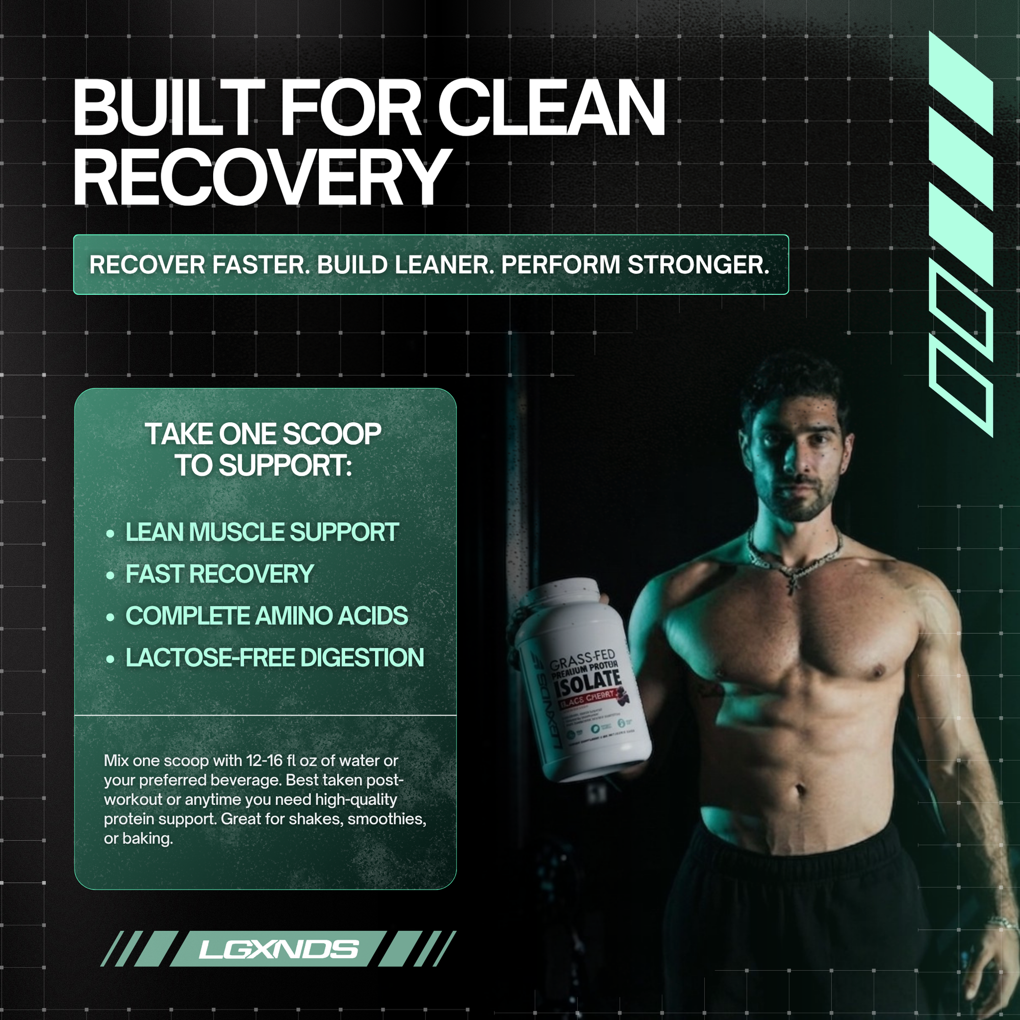 Muscular man holding protein isolate for lean muscle support and fast recovery