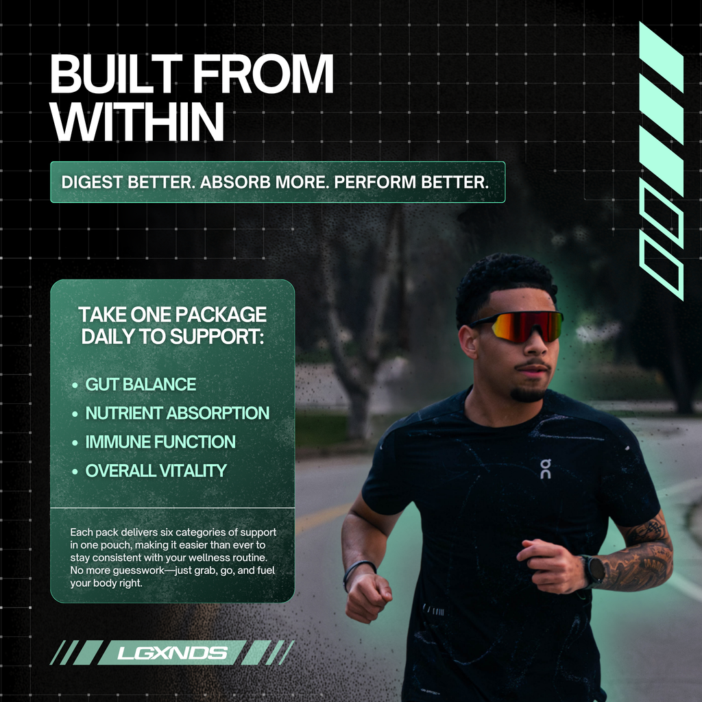 Athlete running outdoors with performance supplement benefits highlighted for gut balance and vitality.