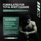 Muscular man promoting total body cleanse supplement for detox, energy, and digestion support