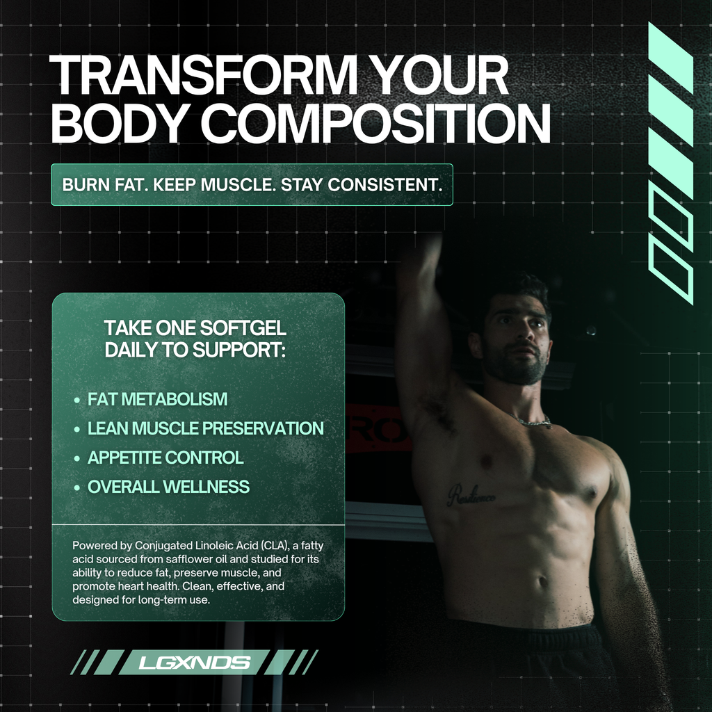 Muscular man showcasing body transformation with fat metabolism and muscle preservation supplement