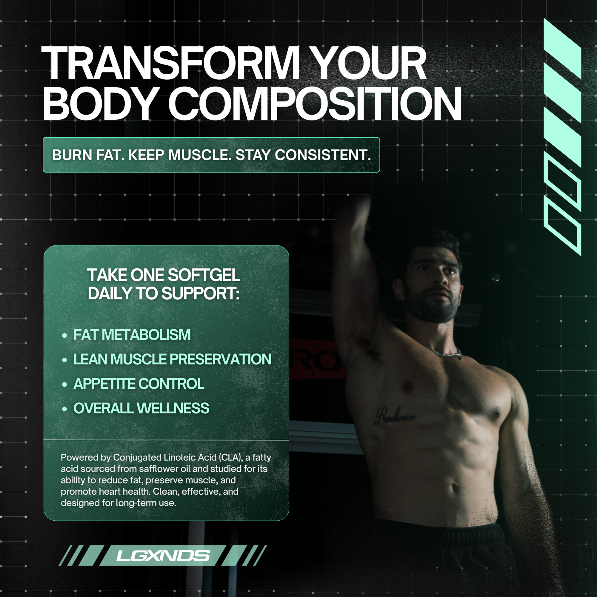 Muscular man showcasing body transformation with fat metabolism and muscle preservation supplement