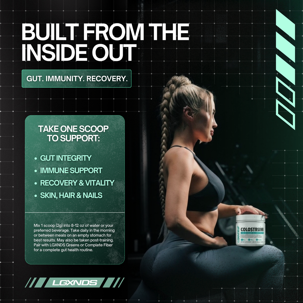 Athlete holding colostrum supplement for gut, immunity, and recovery support