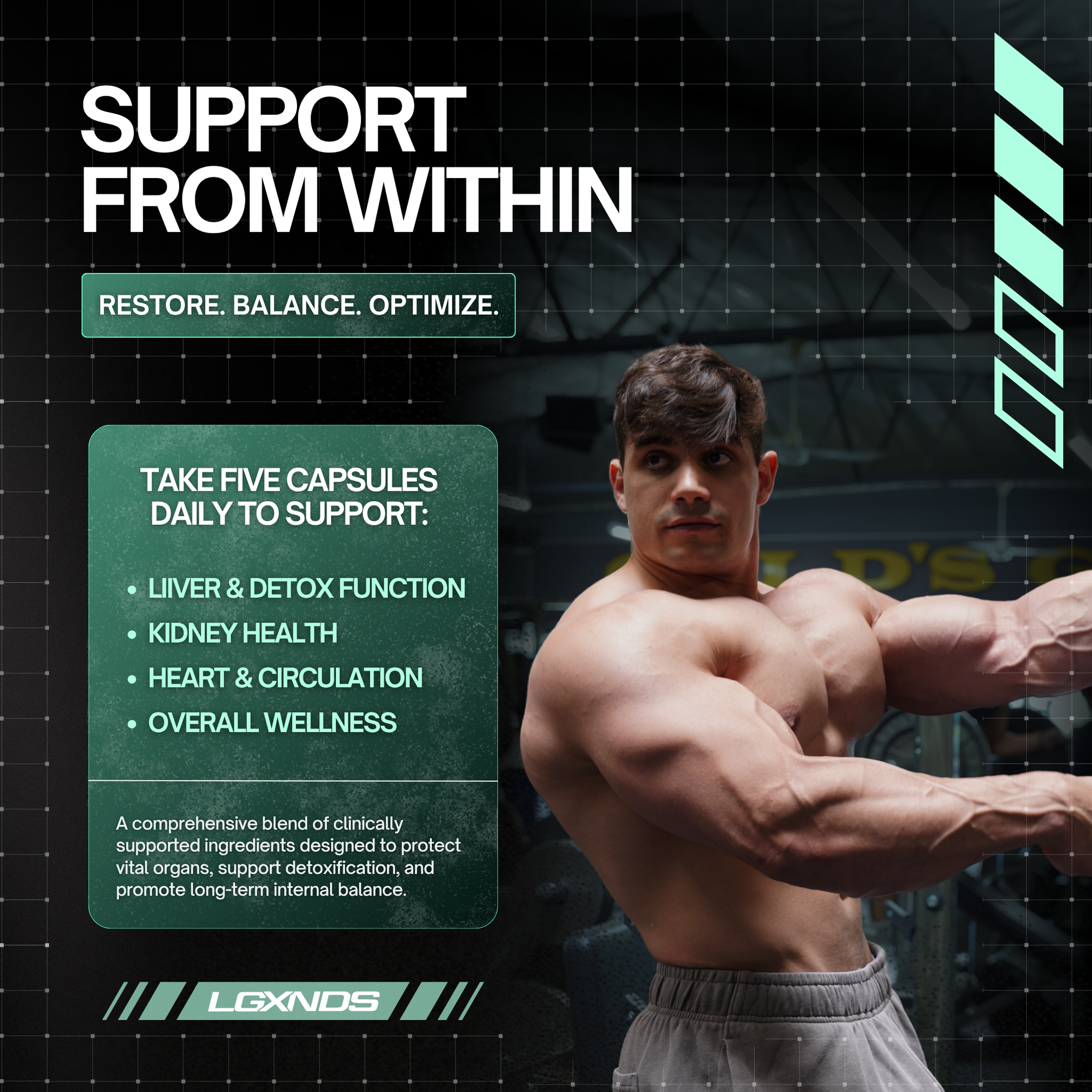 Muscular athlete flexing in gym, promoting liver detox, kidney health, and overall wellness supplements
