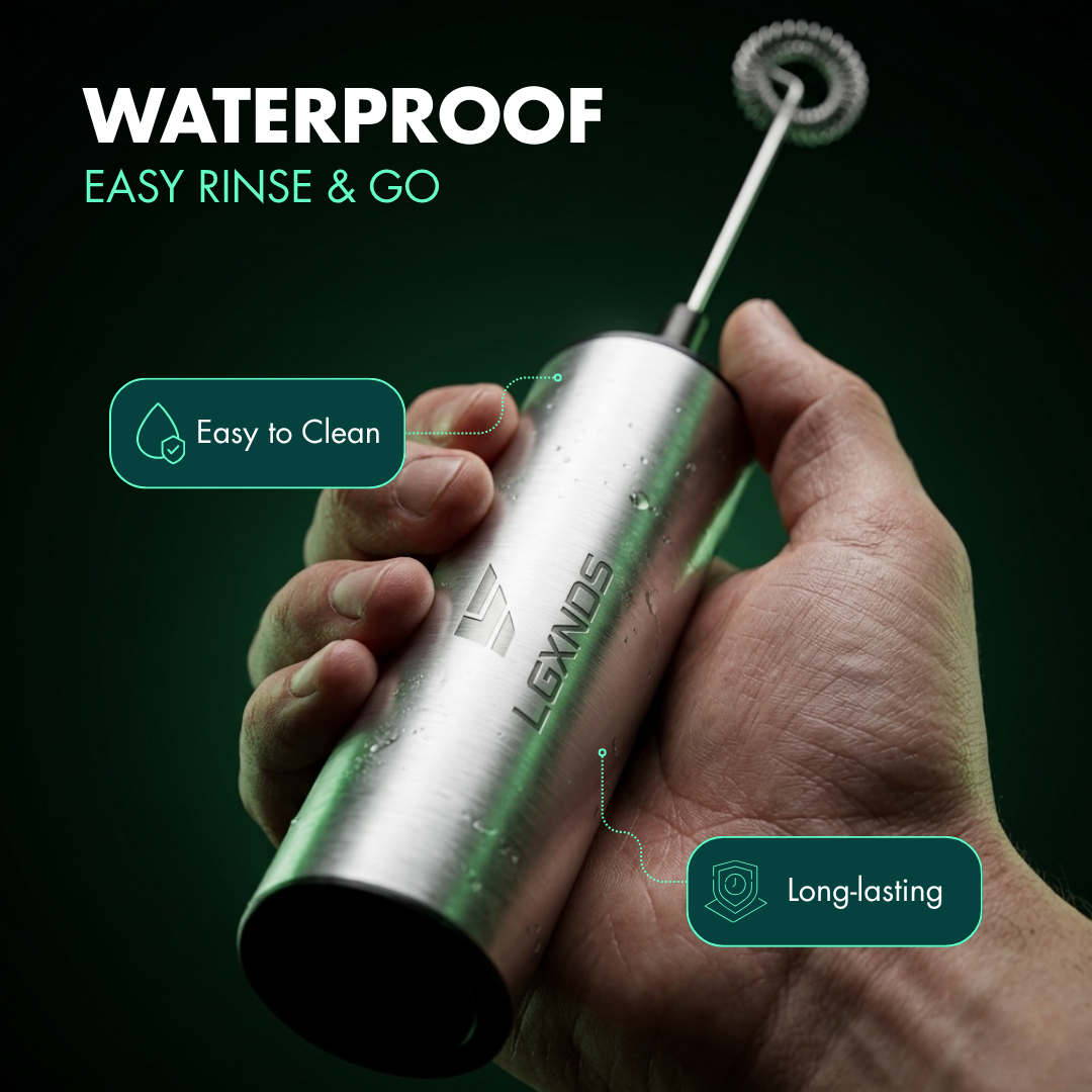 Waterproof LGXNDS shaker bottle, easy to clean and long-lasting, held in hand with droplets