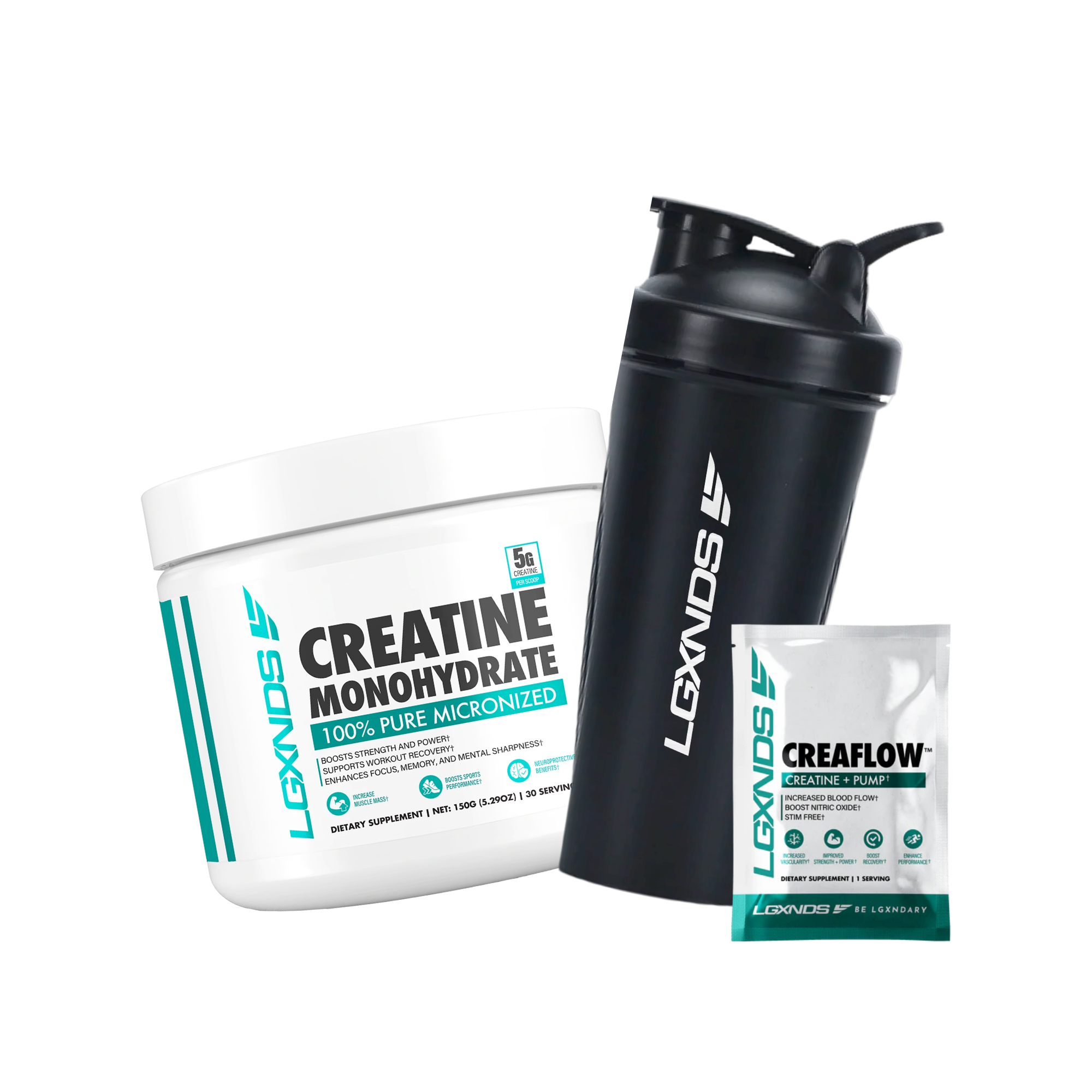 Creatine monohydrate supplement jar, shaker bottle, and CreaFlow sachet bundle