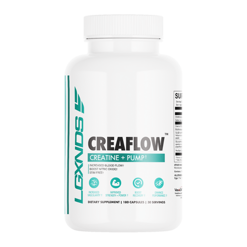 White bottle of Creaflow creatine and pump supplement with teal and black labeling.