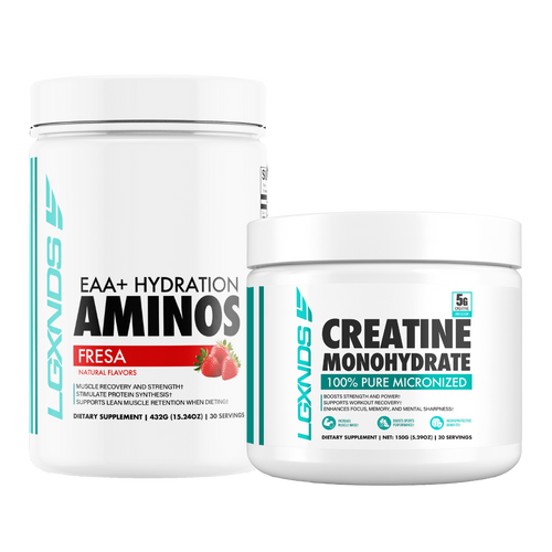 EAA hydration aminos powder with strawberry flavor and creatine monohydrate supplements