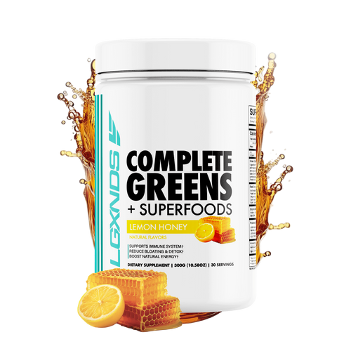Complete Greens lemon honey supplement powder with honeycomb and lemon, splash background