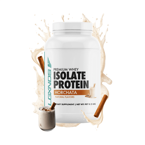 Horchata whey isolate protein powder container with cinnamon sticks and a glass of horchata