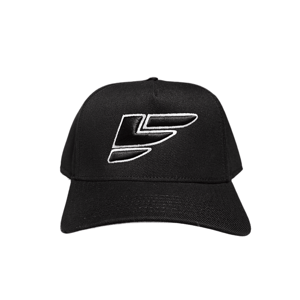 Black athletic cap with bold white embroidered logo on the front, isolated on white background