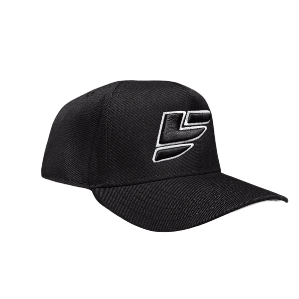 Black athletic cap with bold embroidered white logo on front, angled view