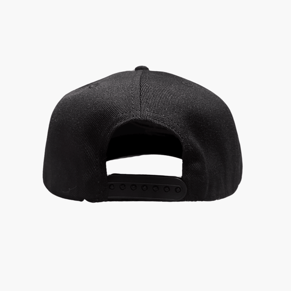 Back view of black adjustable snapback hat on white background
