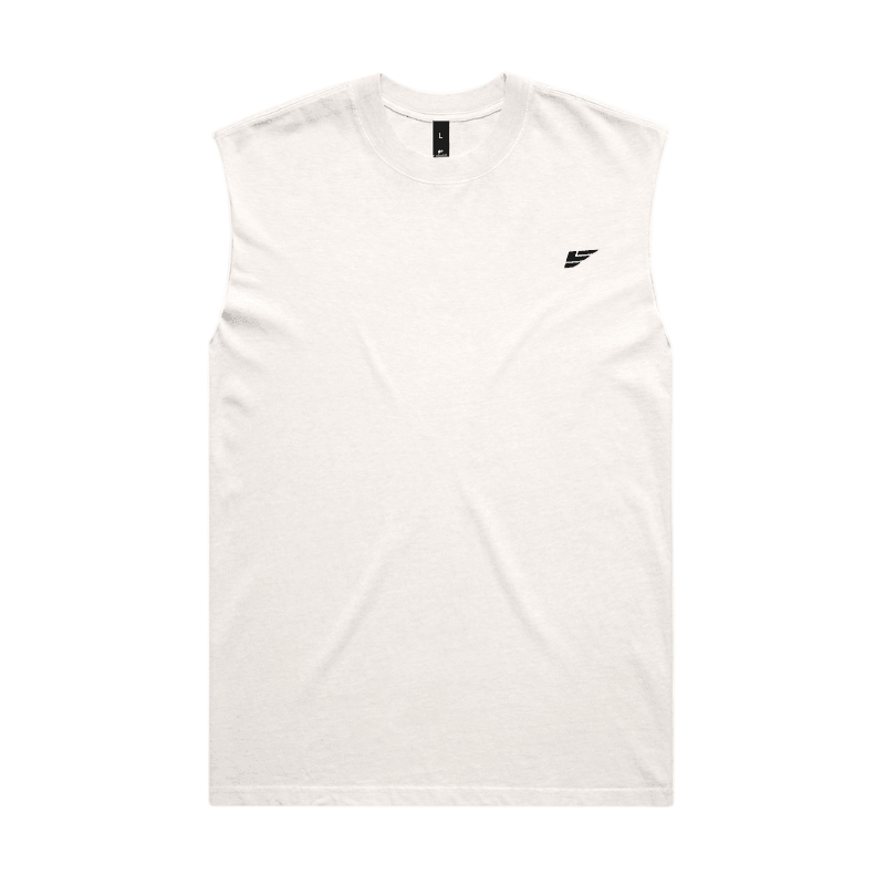 Sleeveless white athletic muscle tee with small black chest logo on plain background